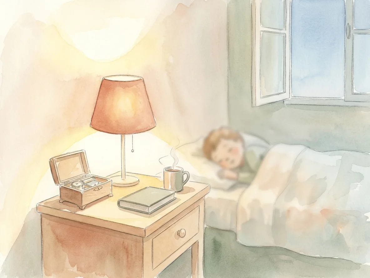 Une boîte à musique ouverte et une lampe allumée sur une table de chevet, un enfant endormi au second plan.